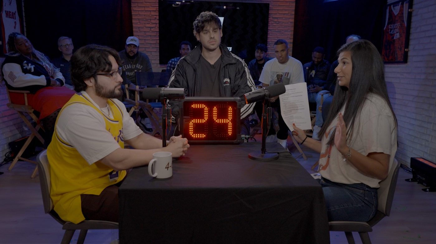 Reilly hosting a LeBron debate at a studio table with a shot clock reading 24 between guests